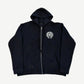 Chrome Hearts black zip up hoodie front with white horseshoe logo at chest and gothic CH pocket print