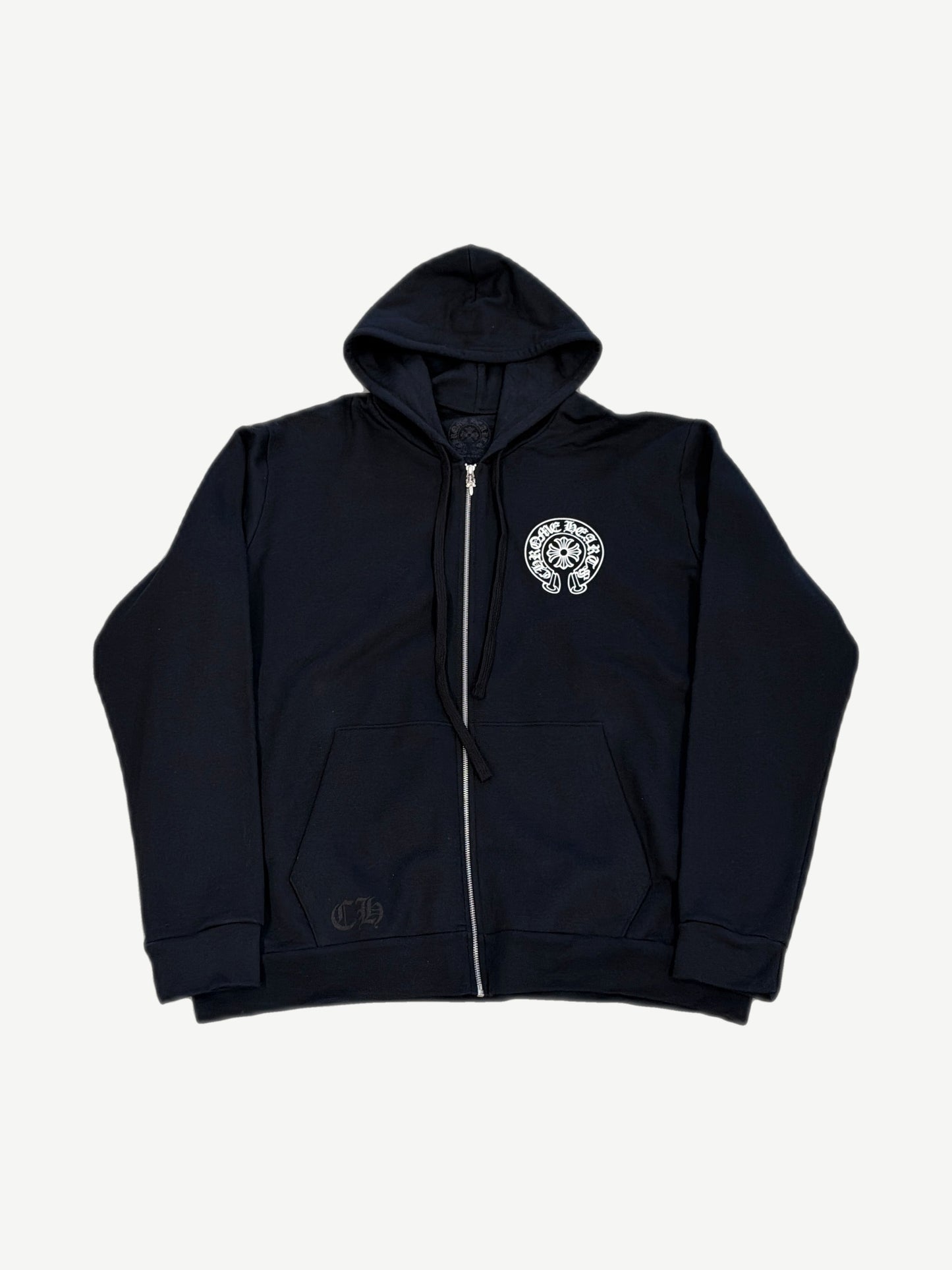 Chrome Hearts black zip up hoodie front with white horseshoe logo at chest and gothic CH pocket print