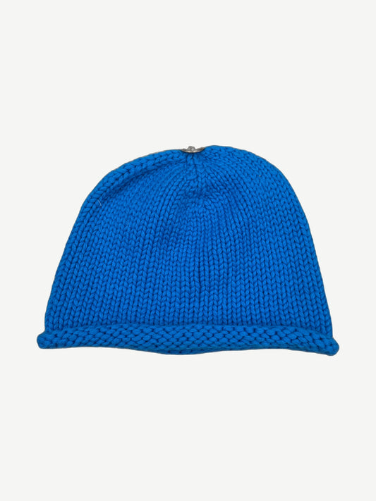 Chrome Hearts blue cashmere knit beanie back view with rolled cuff and small silver crown emblem at peak.