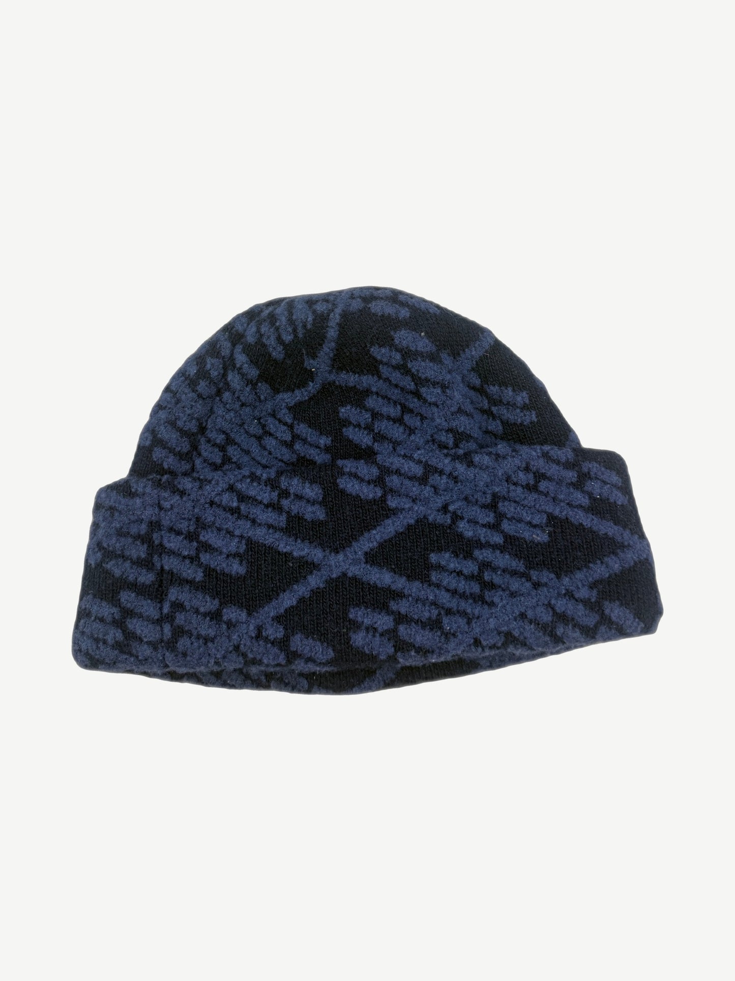 Louis Vuitton navy Damier argyle beanie alternate view showing woven argyle texture and ribbed cuff.