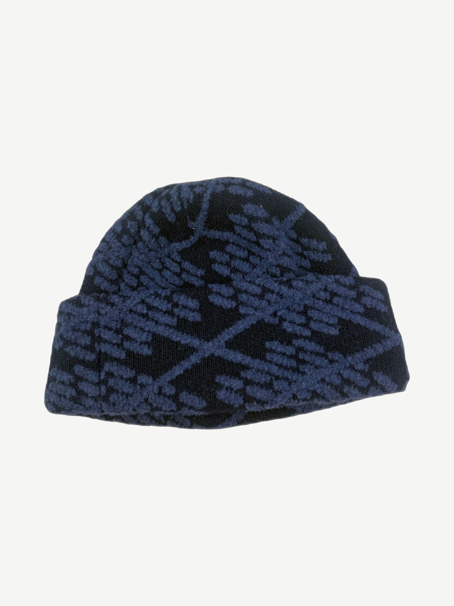 Louis Vuitton navy Damier argyle beanie alternate view showing woven argyle texture and ribbed cuff.