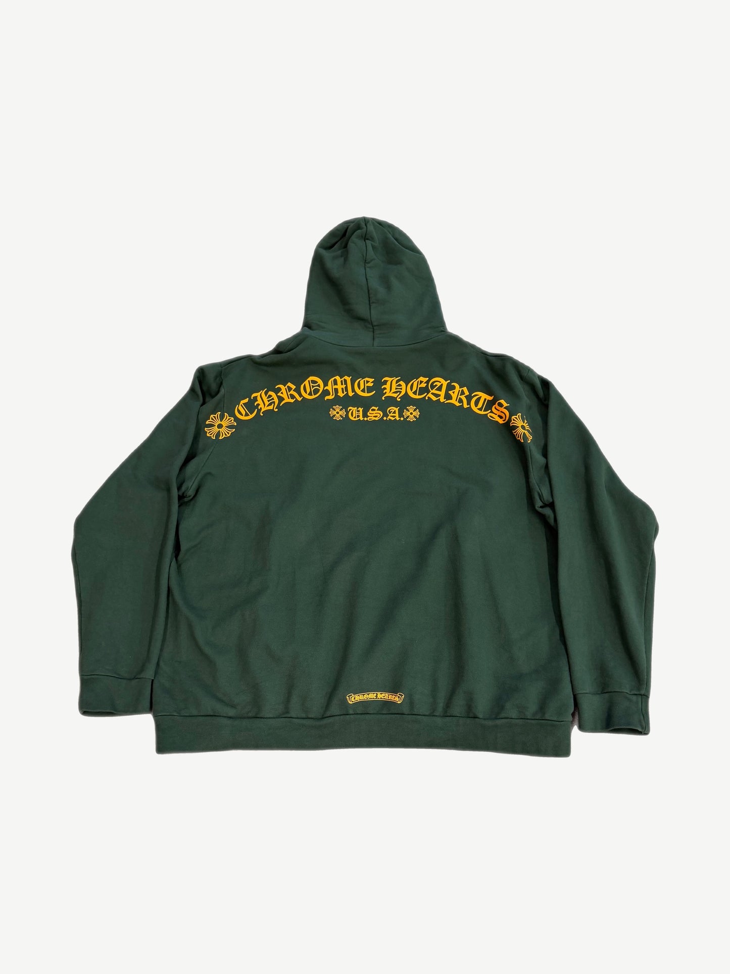 Chrome Hearts green T-Bar hoodie back with yellow-orange Old English Chrome Hearts arch and cross sleeve prints.