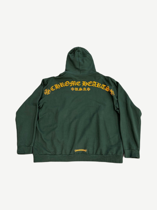 Chrome Hearts green T-Bar hoodie back with yellow-orange Old English Chrome Hearts arch and cross sleeve prints.