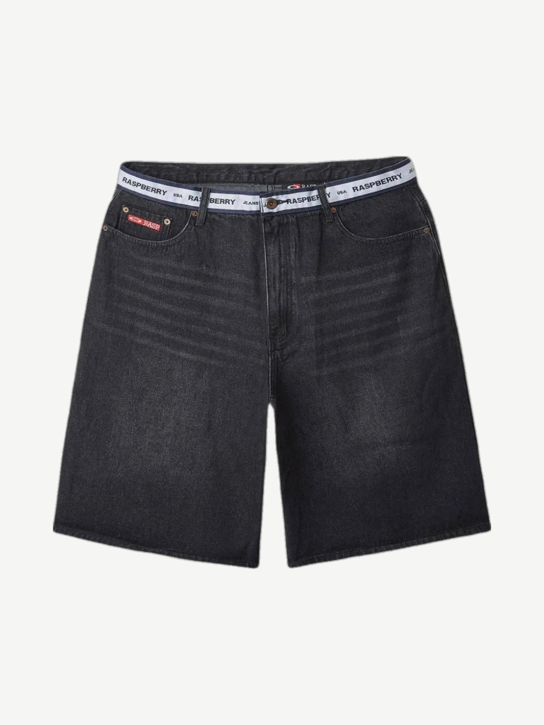 Raspberry Hills black denim shorts with embroidered logo waistband, front view on plain backdrop.