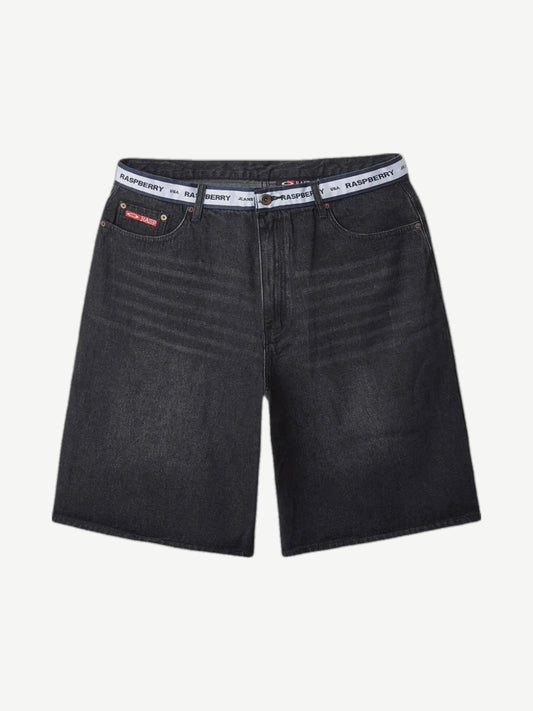 Raspberry Hills black denim shorts with embroidered logo waistband, front view on plain backdrop.