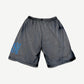 Bossi faded black mesh shorts back with blue rhinestone gothic logo on lower left leg