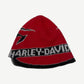 Vintage Harley Davidson red knit beanie with woven Harley-Davidson wordmark across black band and flame motif