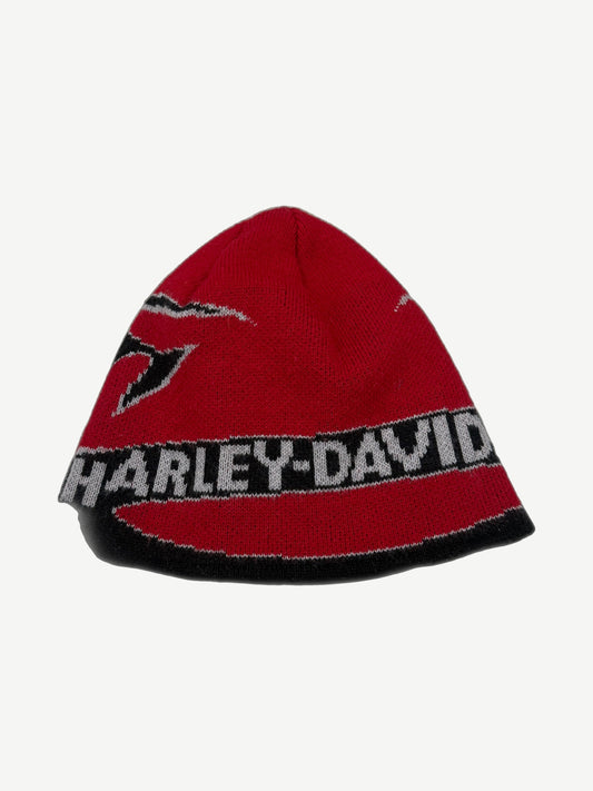 Vintage Harley Davidson red knit beanie with woven Harley-Davidson wordmark across black band and flame motif