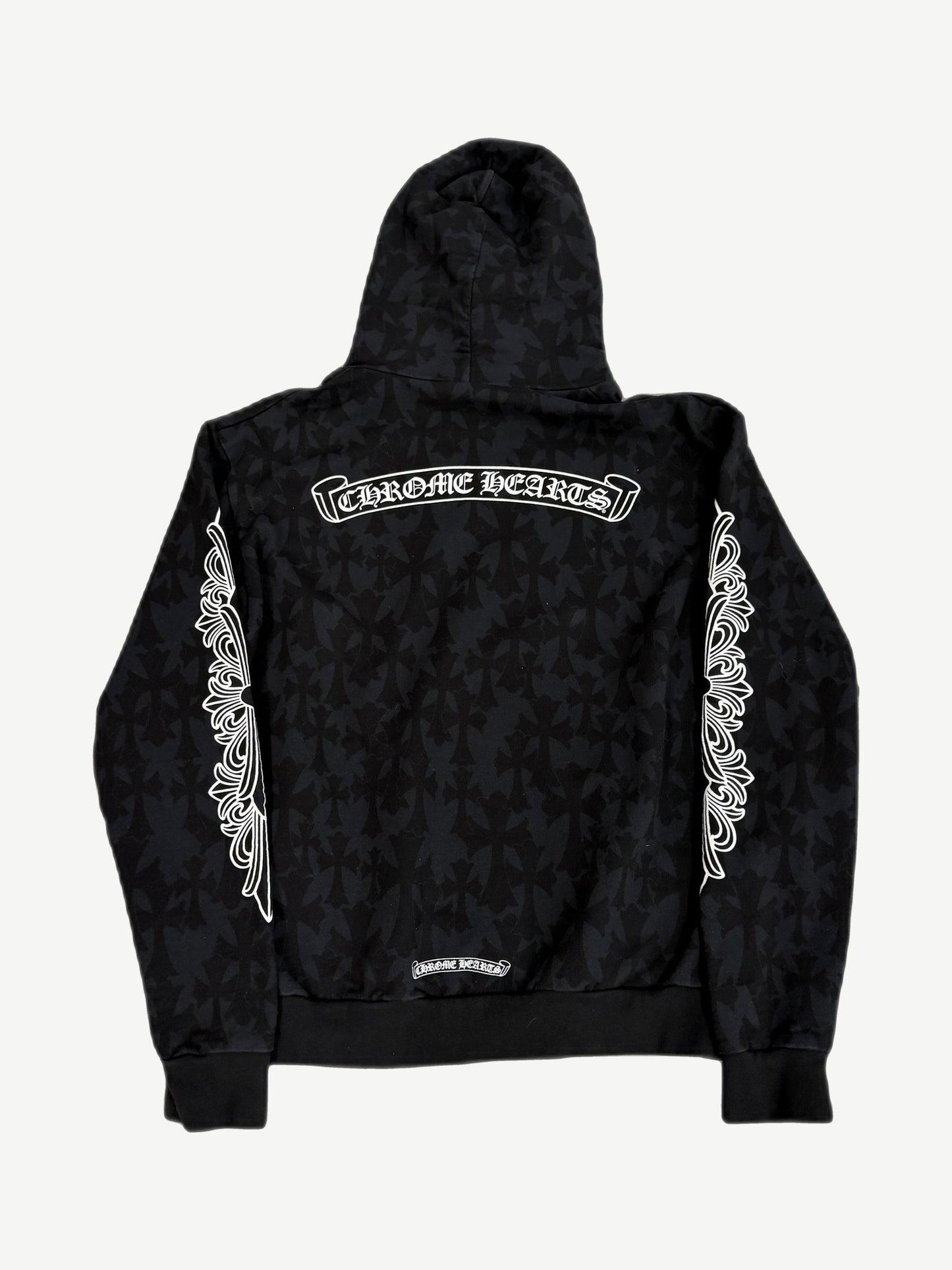 Chrome Hearts Floral Cemetery hoodie back view with allover floral graphic print on black fleece.