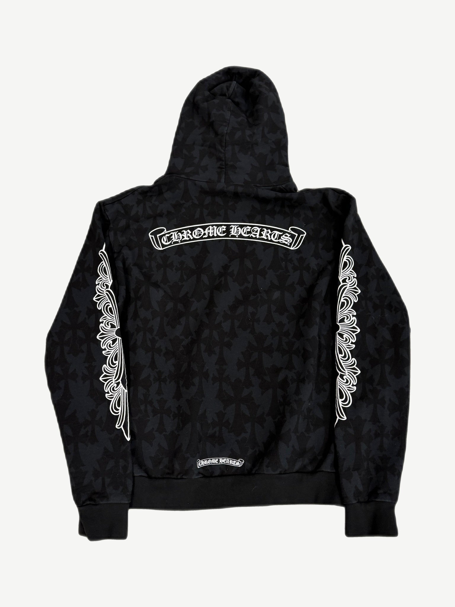 Chrome Hearts Floral Cemetery hoodie back view with allover floral graphic print on black fleece.