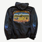 Vintage Harley Davidson blue zip-up hoodie back view with Ohio dealer print and flame embroidered graphic
