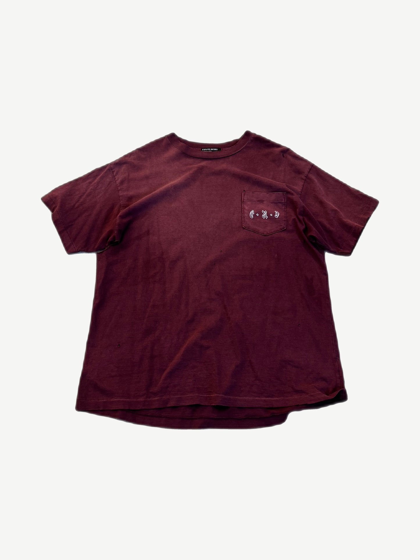 Enfants Riches Deprimes burgundy pocket tee with gothic ERD chest logo and oversized boxy silhouette
