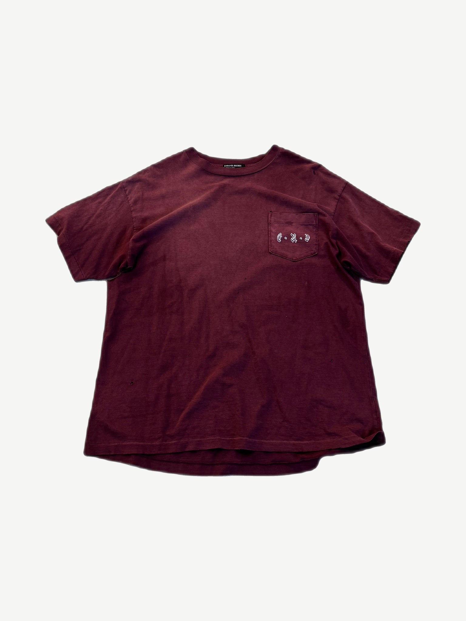 Enfants Riches Deprimes burgundy pocket tee with gothic ERD chest logo and oversized boxy silhouette