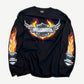 Vintage Harley Davidson Okoboji longsleeve front view with winged flame graphic and orange tribal motorcycle print