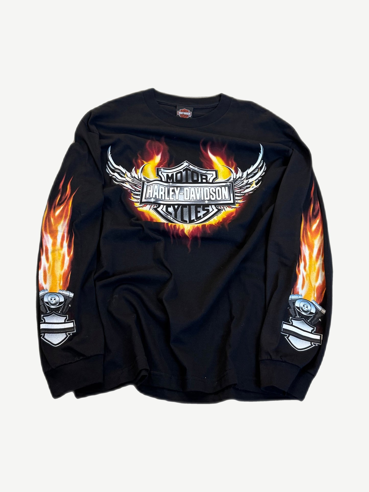 Vintage Harley Davidson Okoboji longsleeve front view with winged flame graphic and orange tribal motorcycle print