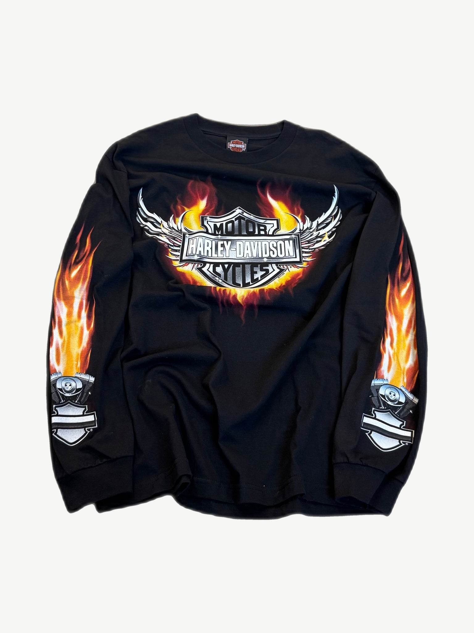 Vintage Harley Davidson Okoboji longsleeve front view with winged flame graphic and orange tribal motorcycle print