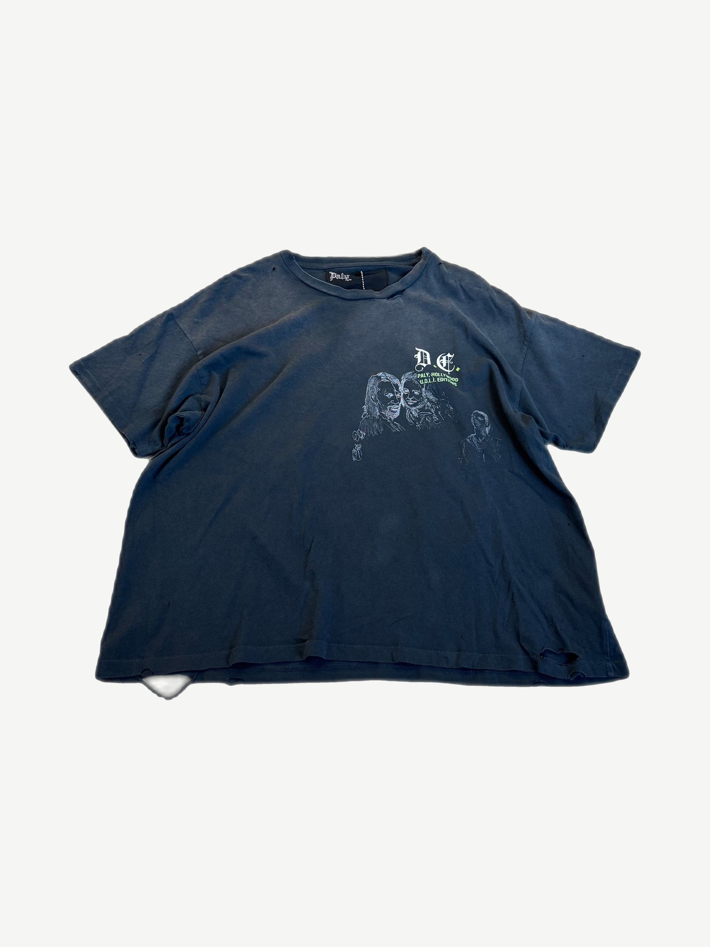 Paly Hollywood washed black tee with cracked white UDLI Universal Death License print on chest, front view