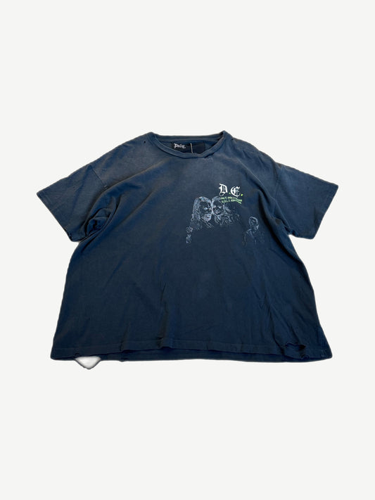 Paly Hollywood washed black tee with cracked white UDLI Universal Death License print on chest, front view