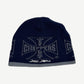 Vintage West Coast Choppers navy beanie with gray Maltese cross logo and Jesse James signature