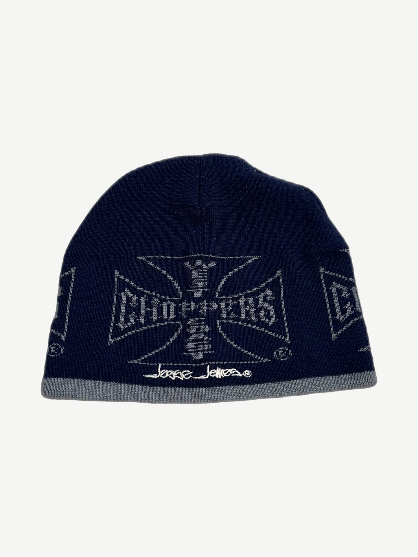 Vintage West Coast Choppers navy beanie with gray Maltese cross logo and Jesse James signature