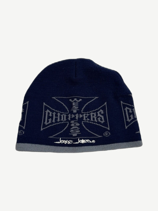 Vintage West Coast Choppers navy beanie with gray Maltese cross logo and Jesse James signature