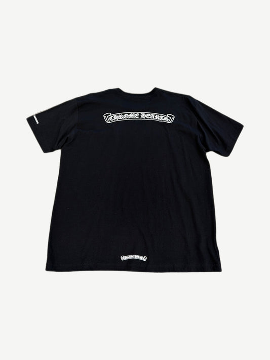 Back of Chrome Hearts black tee with large white Old English Chrome Hearts scroll print across shoulders
