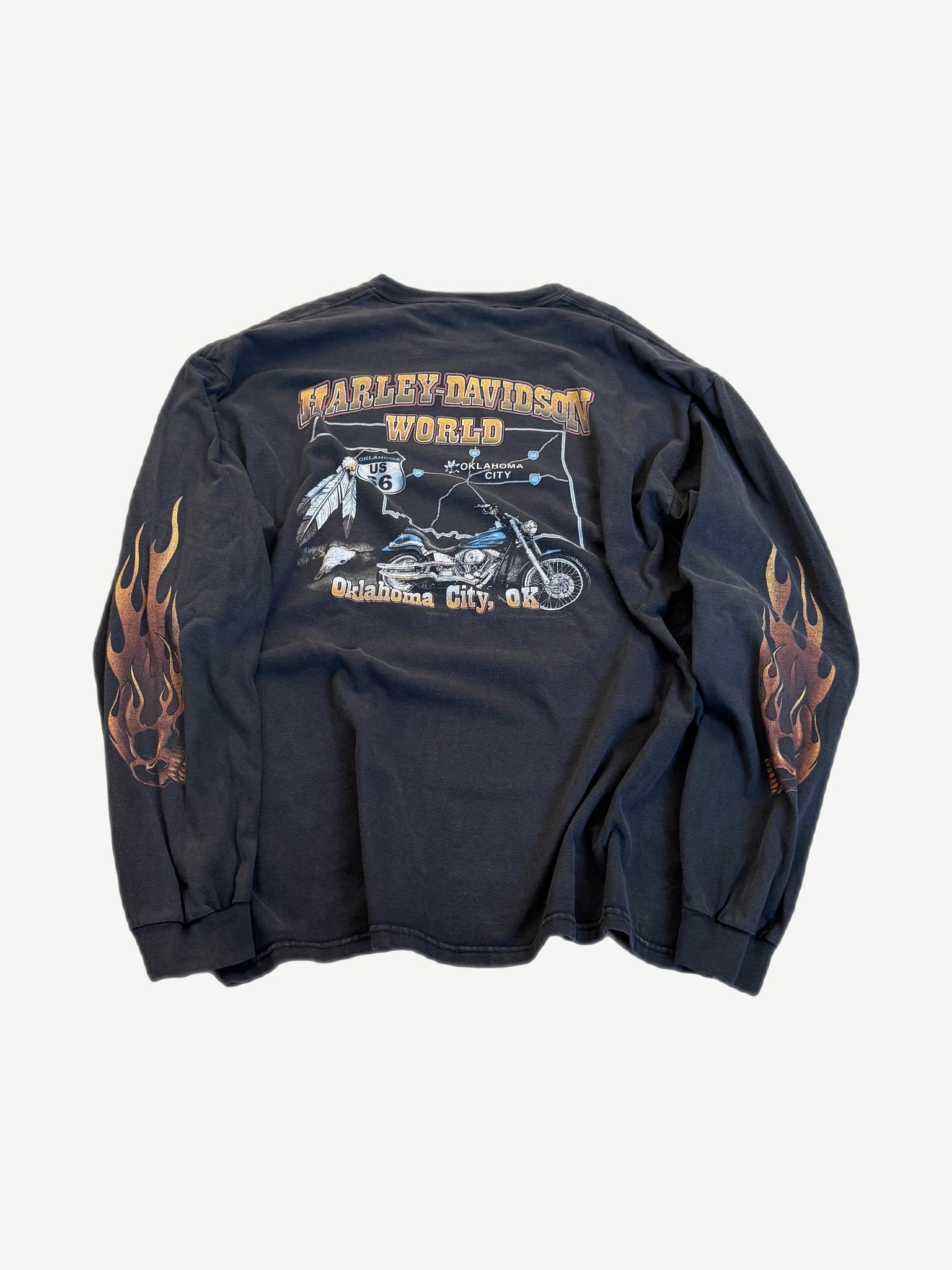 Vintage Harley Davidson skull flame long sleeve back view, large dealer graphic with Oklahoma City branding.