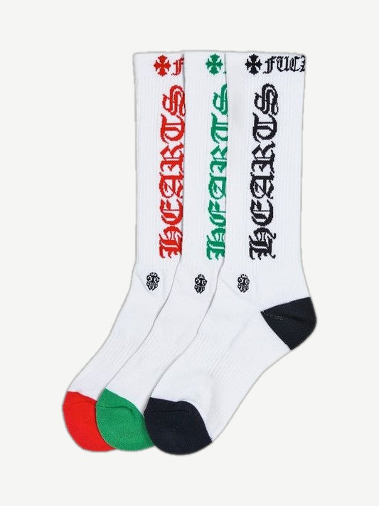 Chrome Hearts white crew sock 3 pack with red, green and black gothic Hearts logos and contrast color toes.