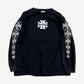 Vintage West Coast Choppers black longsleeve front with white iron cross chest logo and repeating sleeve cross prints.