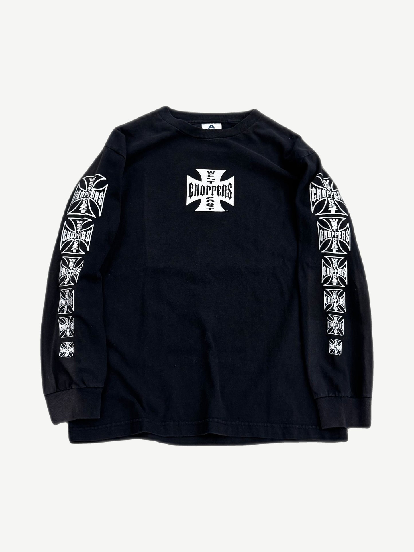 Vintage West Coast Choppers black longsleeve front with white iron cross chest logo and repeating sleeve cross prints.