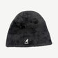 Reverse side of Supreme Kangol black Furgora beanie showing plush fur texture and white Kangol kangaroo logo
