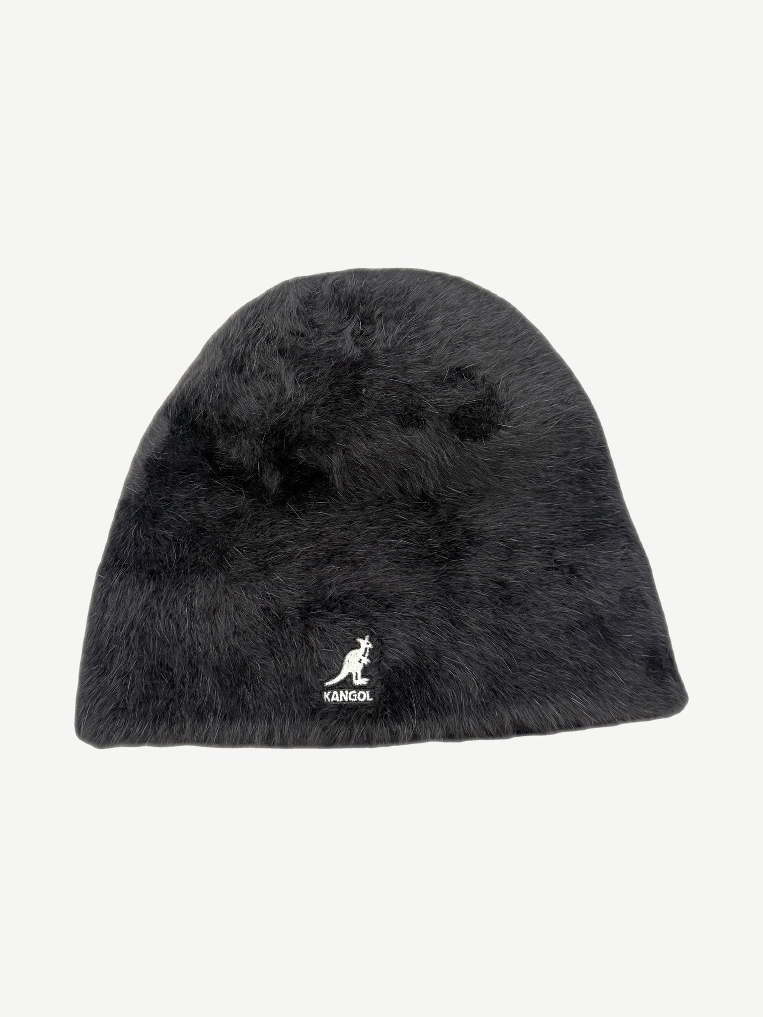Reverse side of Supreme Kangol black Furgora beanie showing plush fur texture and white Kangol kangaroo logo
