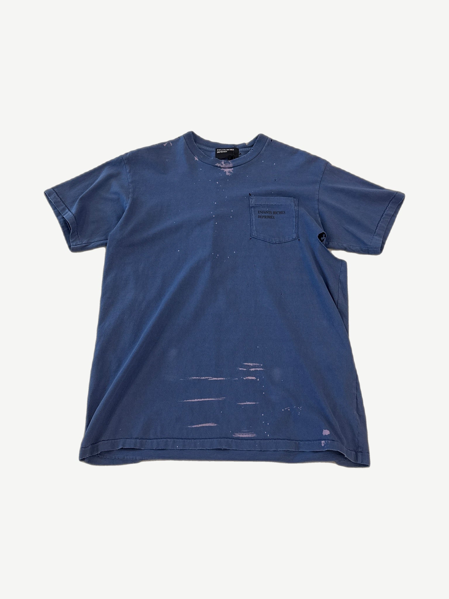 Enfants Riches Deprimes blue distressed tee front with chest pocket logo and bleach splatter wash