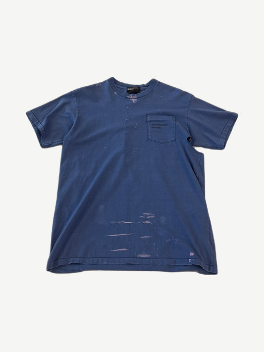 Enfants Riches Deprimes blue distressed tee front with chest pocket logo and bleach splatter wash