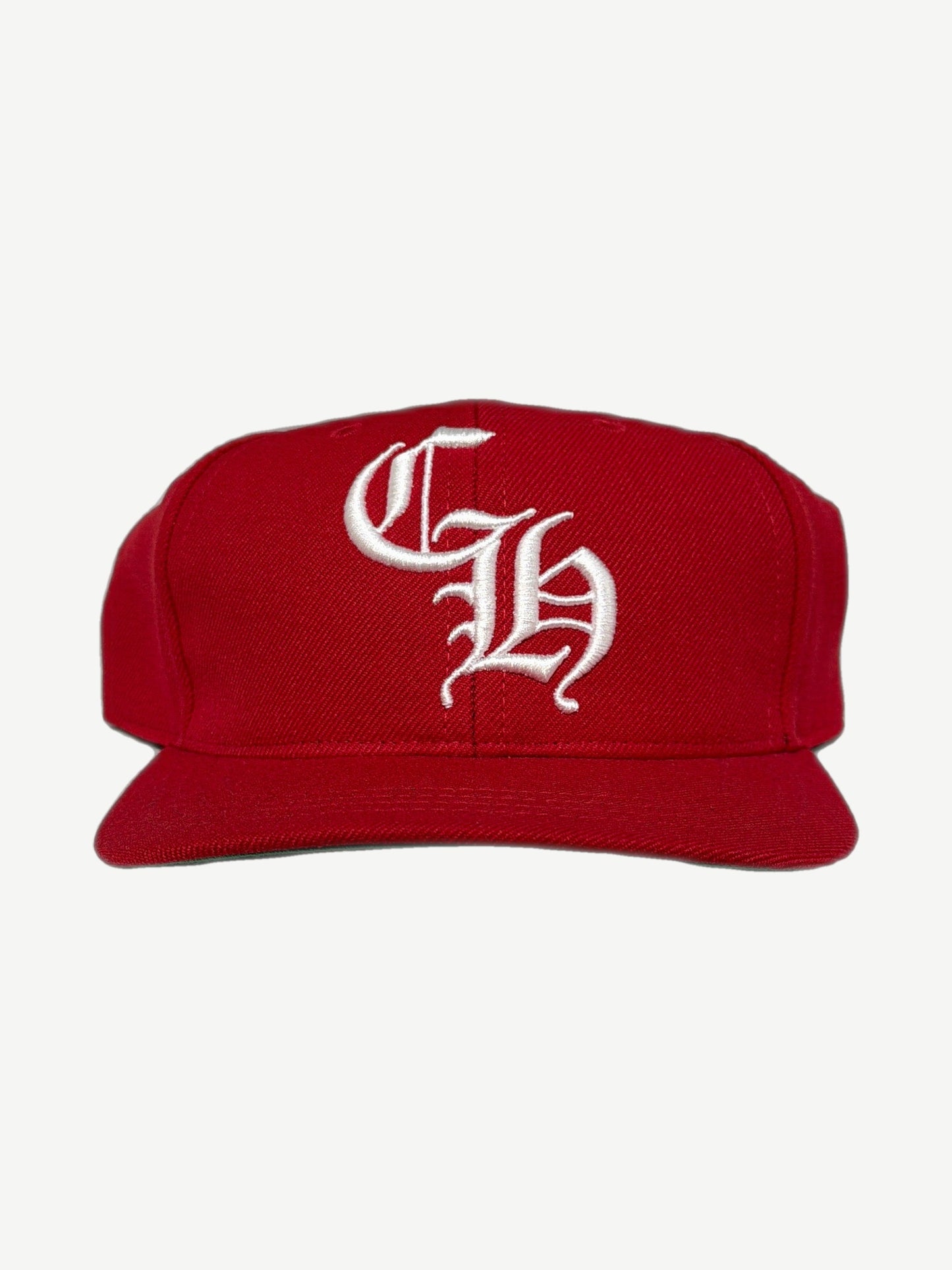 Chrome Hearts red 6 panel baseball cap with white Old English CH embroidered logo on front crown