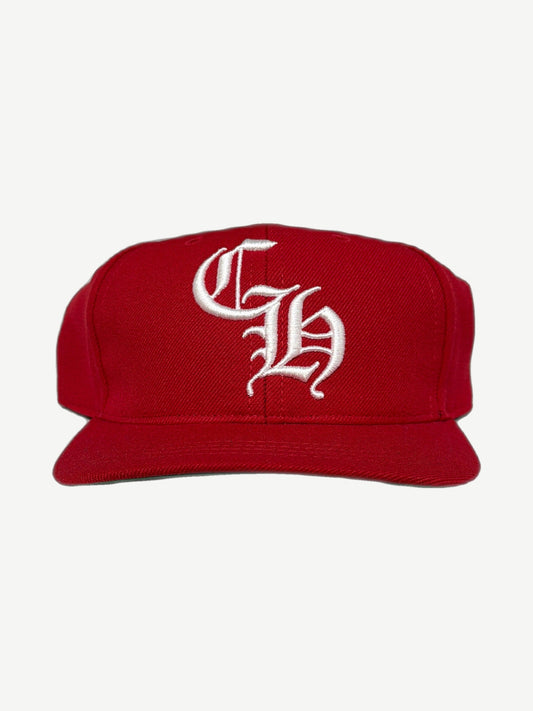 Chrome Hearts red 6 panel baseball cap with white Old English CH embroidered logo on front crown