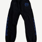 Chrome Hearts black sweatpants front view with blue horseshoe logo at waist and gothic text down both legs