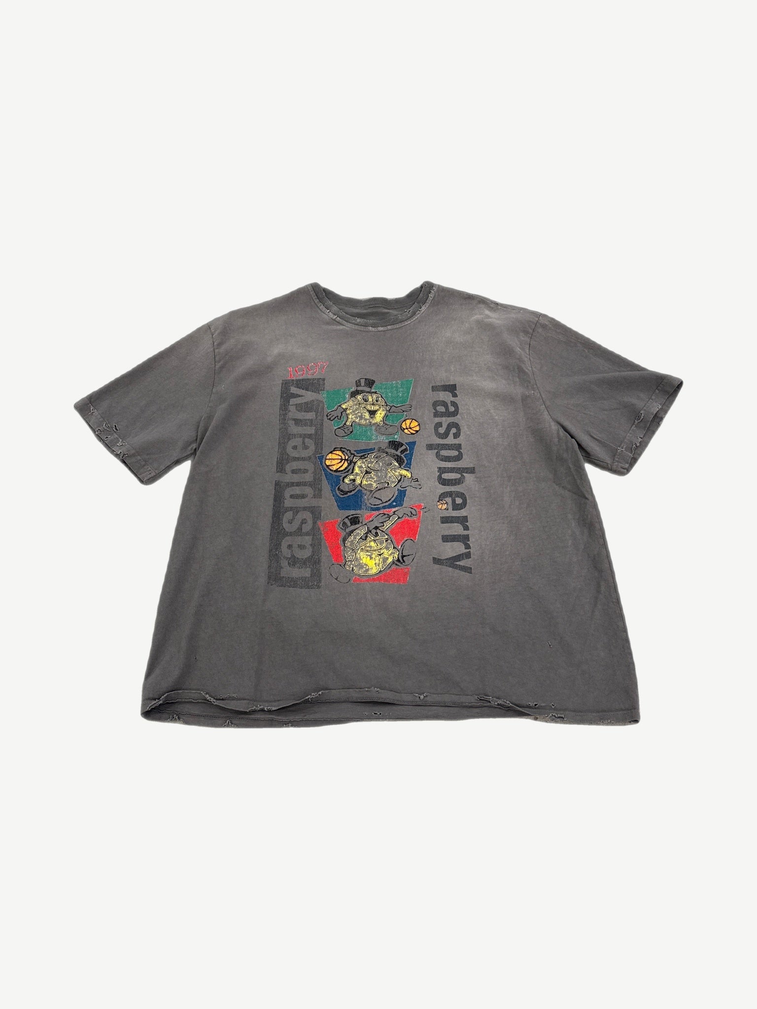 GV Gallery Raspberry Hills Macker V2 washed gray tee front with vintage 1997 basketball mascot panel graphic