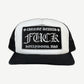 Chrome Hearts white and black trucker hat front with Fuck Hollywood USA gothic patch and black mesh sides