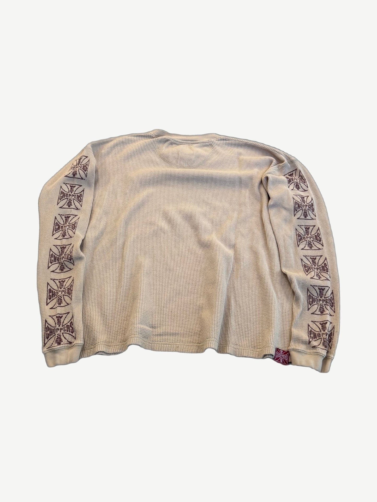 Back of vintage cream West Coast Choppers thermal longsleeve with iron cross logos down both sleeves.