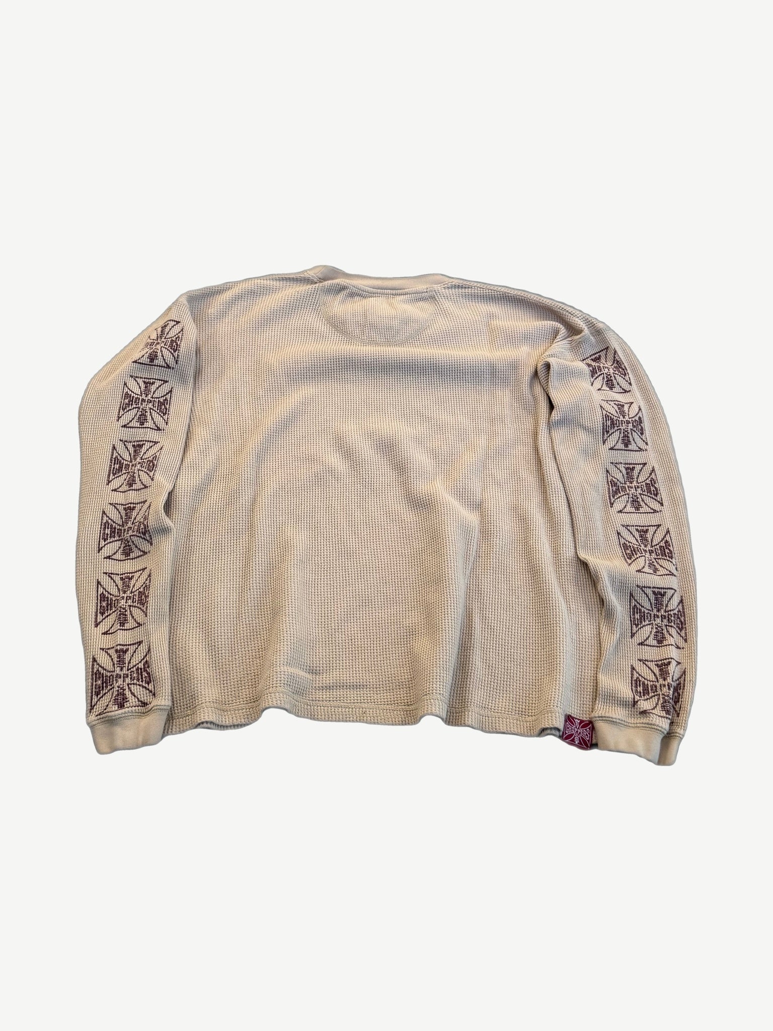 Back of vintage cream West Coast Choppers thermal longsleeve with iron cross logos down both sleeves.