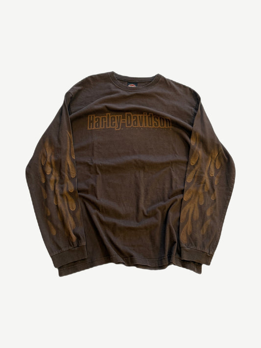 Vintage Harley Davidson Florida longsleeve in brown with red flame graphics and bold motorcycle eagle front print