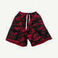 Happy Memories Don't Die red and black camo sweat shorts front with rhinestone HMDD lettering and drawstring