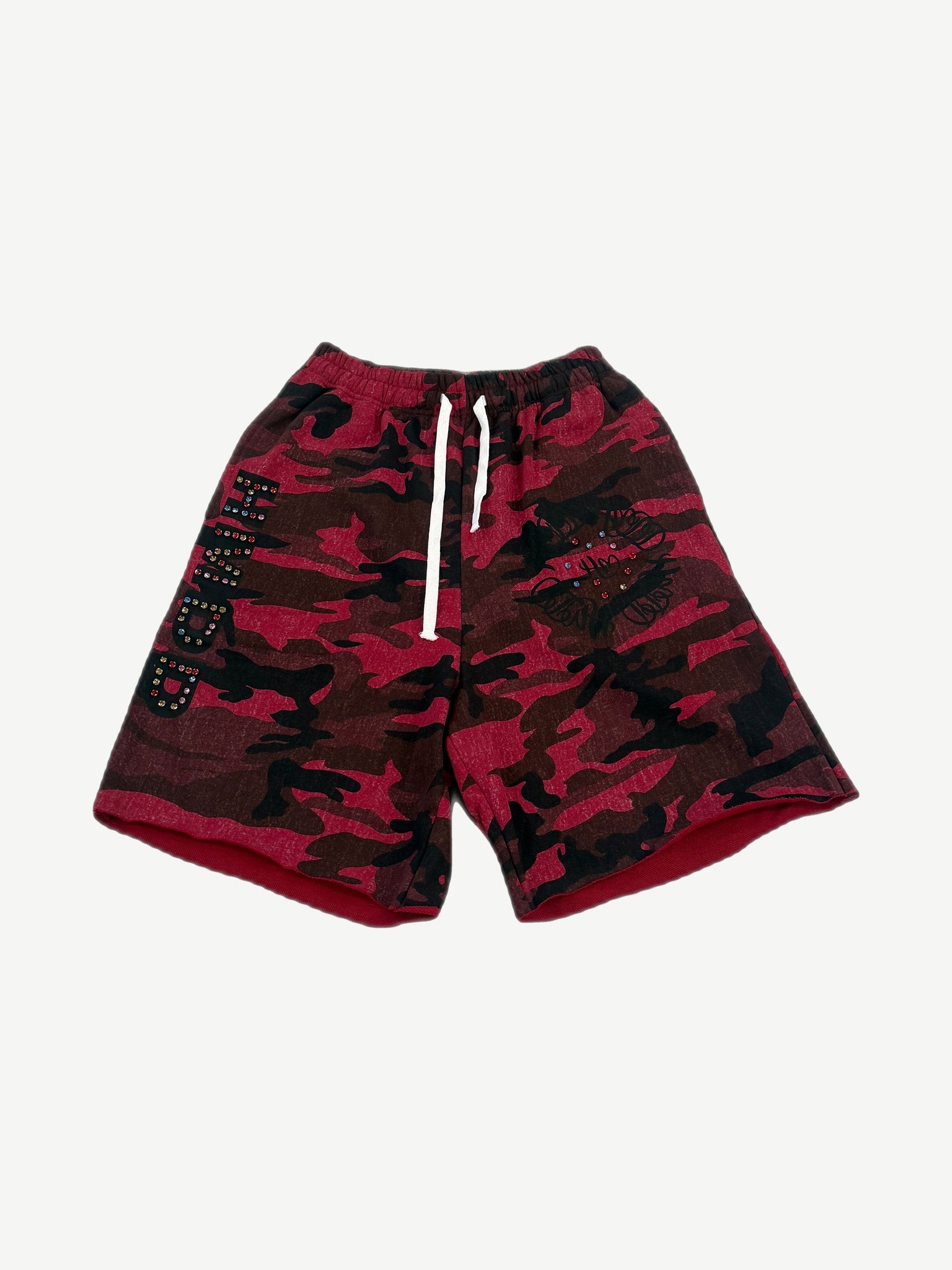 Happy Memories Don't Die red and black camo sweat shorts front with rhinestone HMDD lettering and drawstring