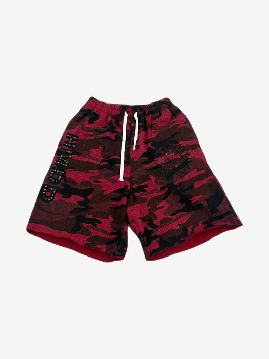 Happy Memories Don't Die red and black camo sweat shorts front with rhinestone HMDD lettering and drawstring
