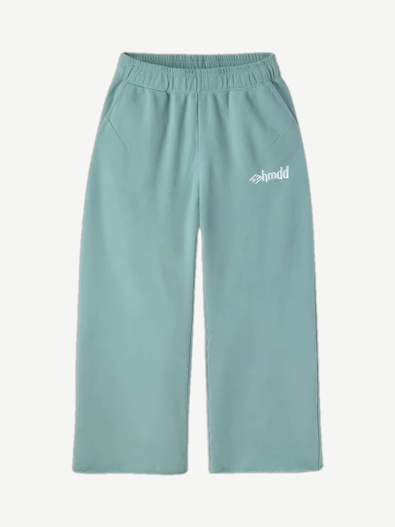 HMDD seafoam green organic cotton sweatpants front view with elastic drawstring waist and cuffed ankles