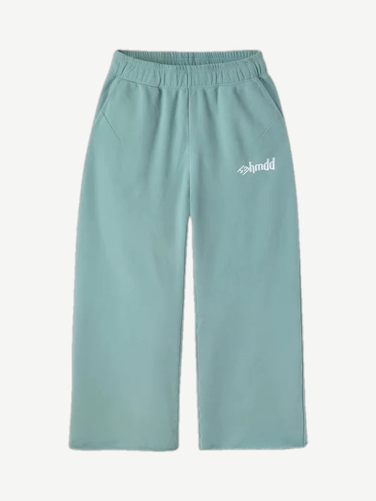 HMDD seafoam green organic cotton sweatpants front view with elastic drawstring waist and cuffed ankles