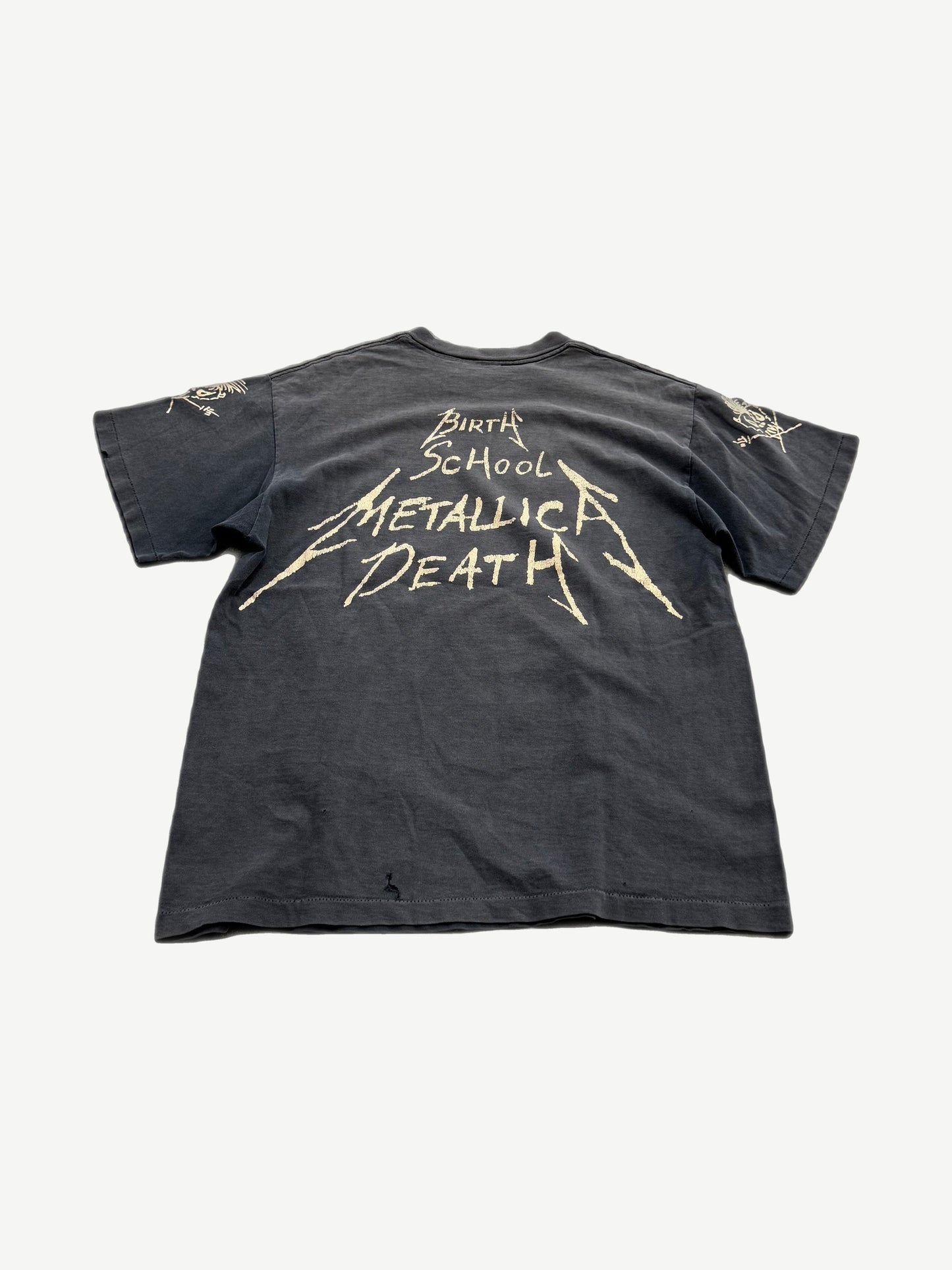 Vintage Metallica faded black tee with cream Birth School Metallica Death scrawled text band graphic