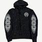 Chrome Hearts black Floral Cemetery hoodie front view with pink rose print and CH cross detail.