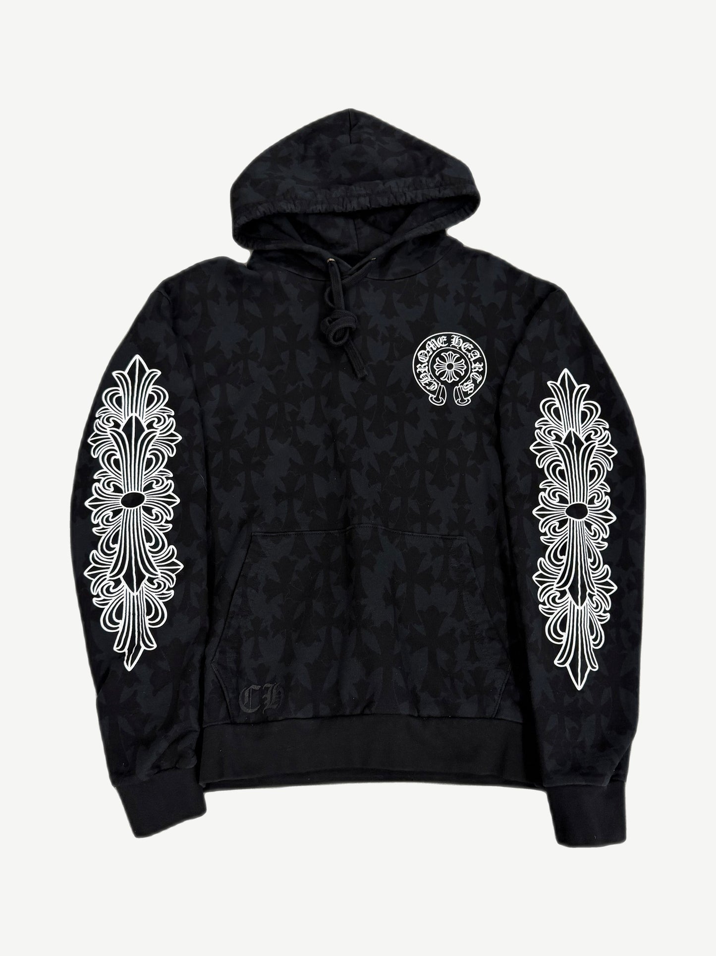 Chrome Hearts black Floral Cemetery hoodie front view with pink rose print and CH cross detail.